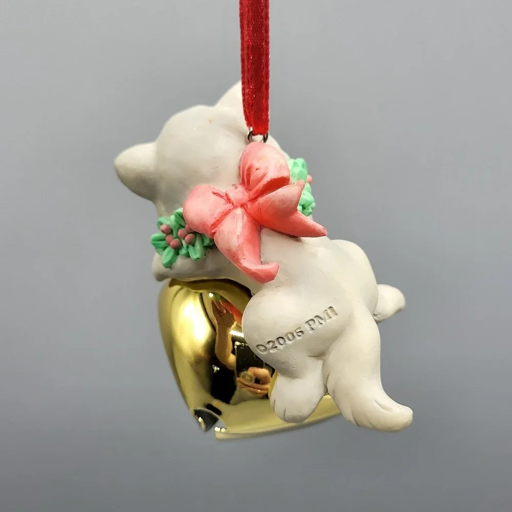 Vintage Precious Moments Cat Jingle Bell Ornament 2006 Kitten Pink Bow White